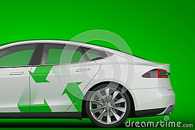 Electric white modern car with recycling arrow sign on green background. 3d rendering. Eco friendly transport Stock Photo