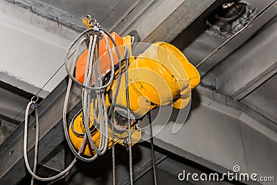 Electric winch hoist lifting mechanism industrial telfer and equipment with rope Stock Photo