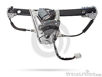 Electric window mechanism motor for a car on a white isolated background. Automotive spare parts catalog Stock Photo