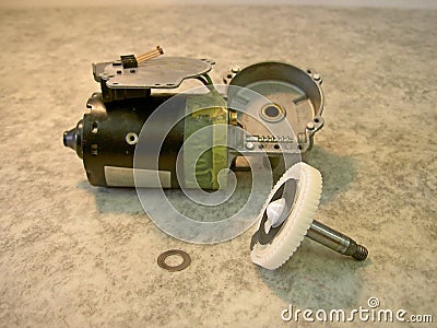 Electric wiper motor disassembled, with plastic wheel, oblique view Stock Photo