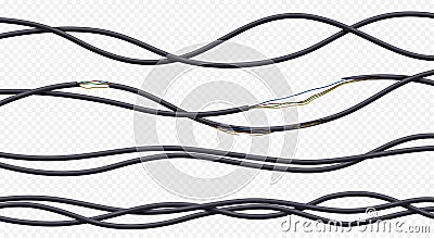 Electric wires, broken black power cables Vector Illustration