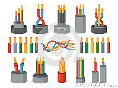 Electric wires. Single core and multicore set Cartoon Illustration