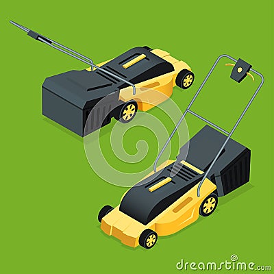 Electric yellow lawn mower in summertime. Lawn grass service concept. Isometric flat vector illustration. Garden Vector Illustration