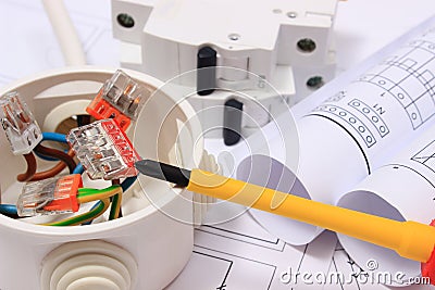 Electrical box, diagrams and electric fuse on construction drawing Stock Photo