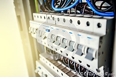 Electrical Cabinet with circuit breakers terminals with breakers Stock Photo