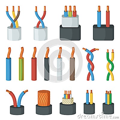 Electrical cable wires, different amperage and colors. Vector illustrations in cartoon style Vector Illustration