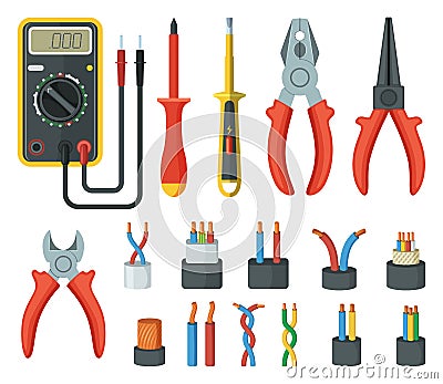 Electrical cable wires and different electronic tools. Cutter, multimeter. Vector illustrations isolated Vector Illustration