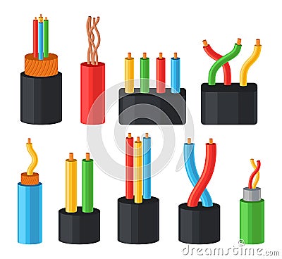Electrical cables set, multicore cables in color insulation vector Illustrations on a white background Vector Illustration