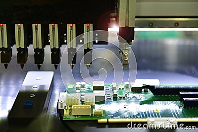 Electrical circuit board design steps Connector type Components in automated production line Stock Photo
