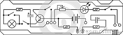 Electrical circuit of radio device resistance, transistor, diode, capacitor, inductor. Vector Illustration