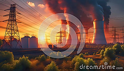 Electrical communications and power plant, electricity crisis, Economics and alternative energy, Cartoon Illustration