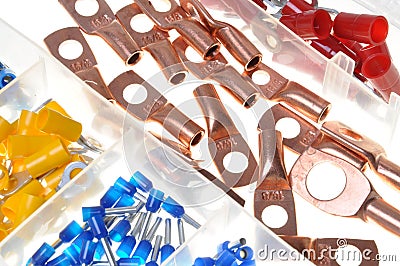 Electrical component kit in a box Stock Photo