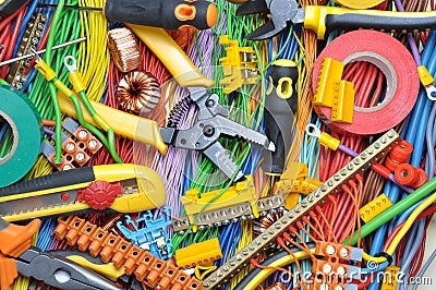 Electrical component kit and tools Stock Photo