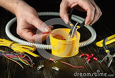 The electrical connection in the workshop of a master electrician. Close-up of the hands of an electrician during work. Cutting a Stock Photo