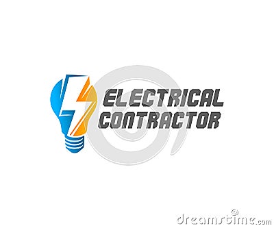 Electrical contractor, light bulb and lightning, logo design. Electric light, construction, electric current and electricity, vect Vector Illustration