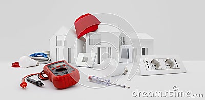 Electrical controls for house planning, electrician equipment work tools on desk with model house and red hat, electric store, Stock Photo