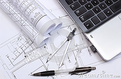 Electrical diagrams, accessories for drawing and laptop Stock Photo