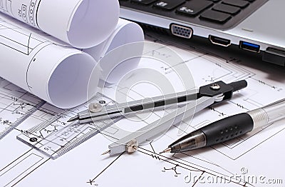 Electrical diagrams, accessories for drawing and laptop Stock Photo