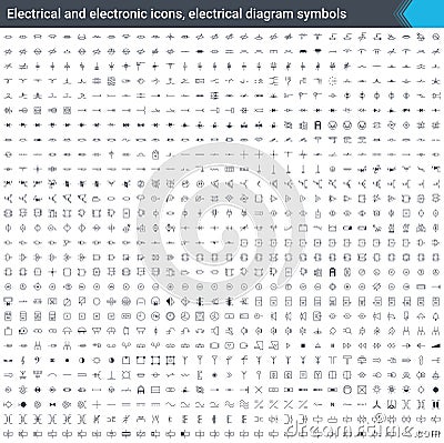 Electrical and electronic icons, electrical diagram symbols. Circuit diagram elements. Stoke vector icons isolated on white backgr Vector Illustration