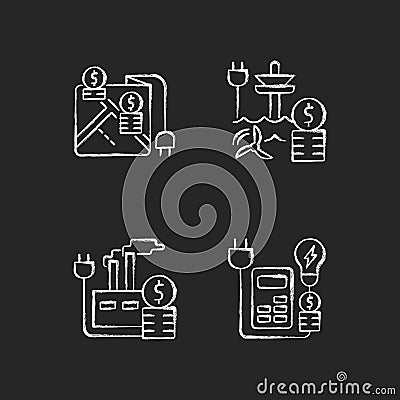 Electrical energy purchase expense chalk white icons set on dark background Vector Illustration