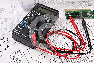 Electrical engineering drawings, electronic board and digital mu Stock Photo