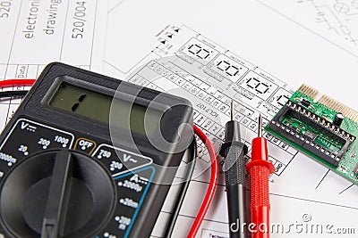 Electrical engineering drawings, electronic board and digital mu Stock Photo