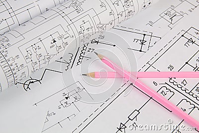 Electrical engineering drawings and pencils Stock Photo