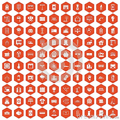 100 electrical engineering icons hexagon orange Vector Illustration