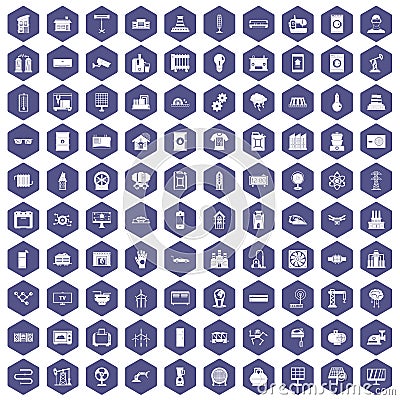 100 electrical engineering icons hexagon purple Vector Illustration