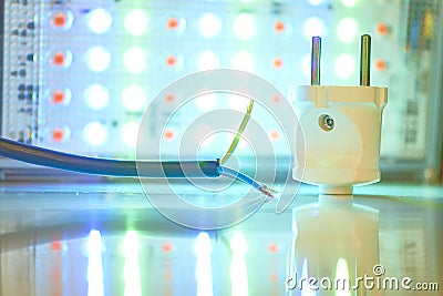 Electrical equipment connection.Three core electric cable and lighting LED lamp Stock Photo