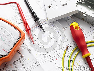 Electrical Equipment On House Plans Stock Photo