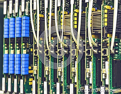 Electrical equipment, printed boards in network server data center, telecommunications equipment Stock Photo