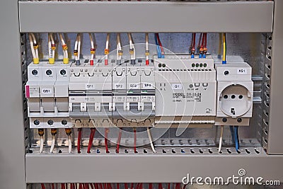 Electrical fuse holder, circuit breakers, power supply and socket Editorial Stock Photo