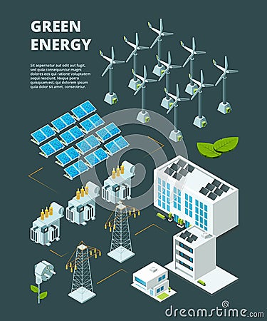 Electrical green power station. Electric powerhouse energy grid distribution industrial city isometric vector 3d concept Vector Illustration