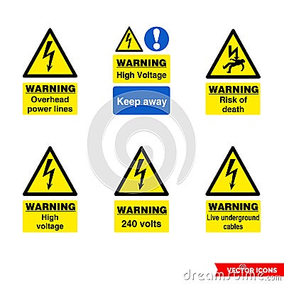 Electrical hazard signs icon set of color types. Isolated vector sign symbols. Icon pack Stock Photo