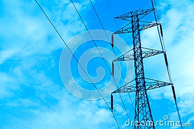 Electrical high voltage pole and blue cloudy sky (Fluorescent Filters) Stock Photo