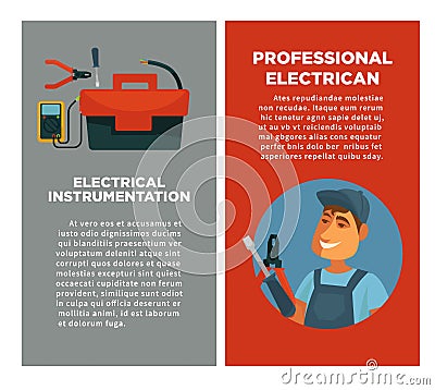 Electrical instrumentation and professional electrician promotional posters with sample text Vector Illustration