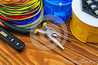 Electrical junction boxs with cables wire and tools used in the electric installation process Stock Photo