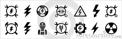 Electrical maintenance icon set. Electricity installation work sign vector set. Electric sign collection. Contains symbol of Stock Photo