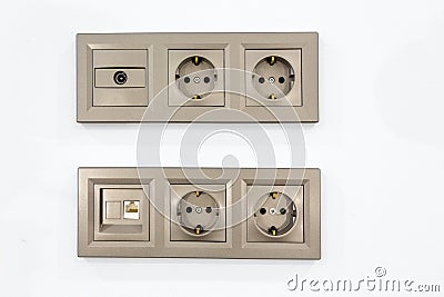Electrical outlets input for TV and Internet Stock Photo