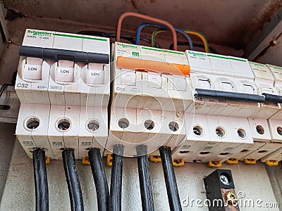 Electrical Panel Box, which contains a Voltage switchboard with circuit breakers Stock Photo