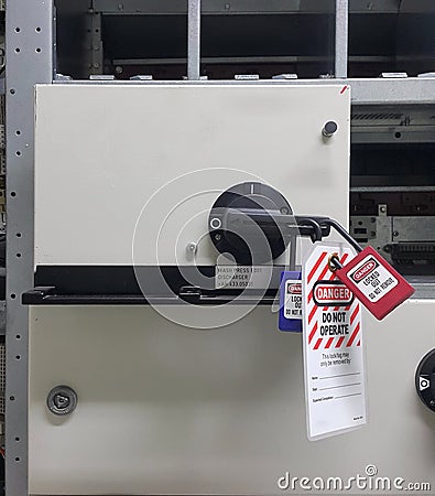 Electrical part and accessories in the control cabinet , control and power distributor Stock Photo