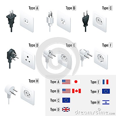 Electrical Plug Types. Type A, Type B, Type C, Type D, Type E, Type F, Type H. Isometric Switches and sockets set. AC Vector Illustration