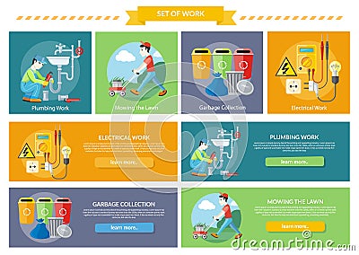 Electrical, Plumbing Work, Mowing Lawn and Garbage Vector Illustration