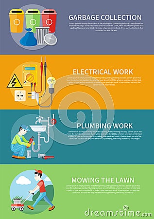 Electrical, Plumbing Work and Mowing Lawn Vector Illustration