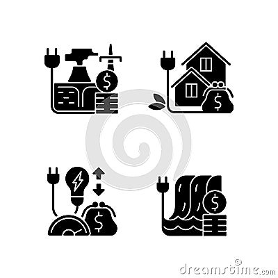 Electrical power black glyph icons set on white space Vector Illustration