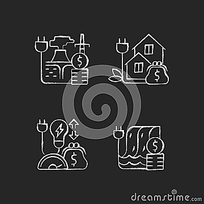 Electrical power cost chalk white icons set on dark background Vector Illustration