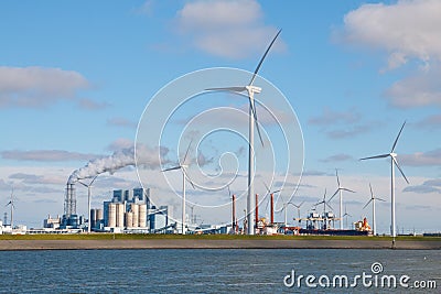 Electrical power generation from fossil fuels and wind energy Editorial Stock Photo