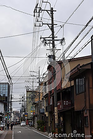 Electrical power line cables and transformers above earth n Japan, Asia Editorial Stock Photo