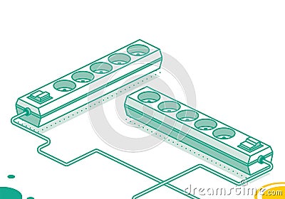 Electrical power socket strip. Isometric outline concept. Two objects. Modern electric extension cord. Powerboard with five slots Cartoon Illustration